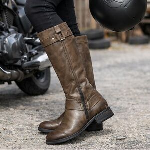 Mjus Brown Leather Riding Boots EU 38 Knee High Moto Buckle Zip Women’s
